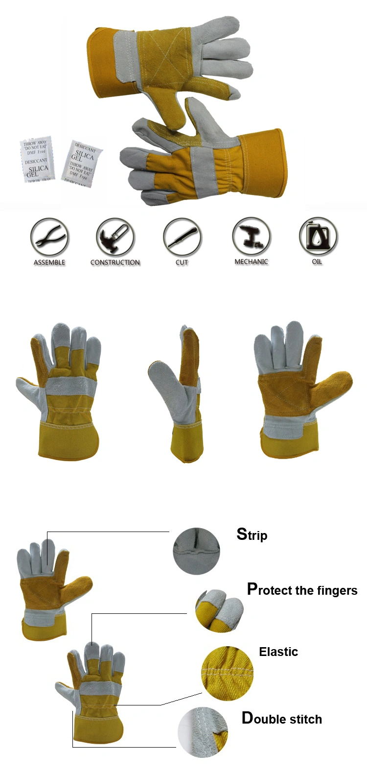 Yellow Small Cow Split Rebar Mechanic Leather Man Handjob Safety Working Gloves, Customer Cowhide Leather Constructions Glosafety Construction Gloves Bulk Price