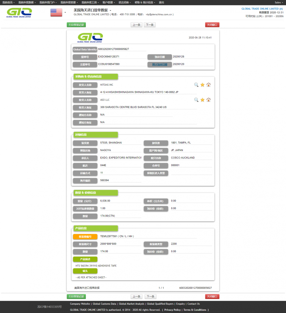 ฐานข้อมูลการนำเข้าเทป adhensive