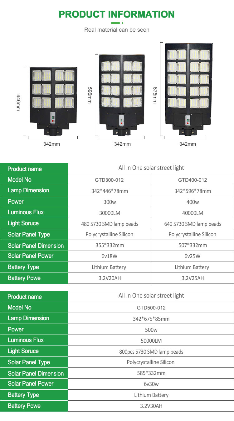 Alta eficiencia IP65 impermeable al aire libre Smd 300w 400w 500w integrado todo en una farola llevada solar