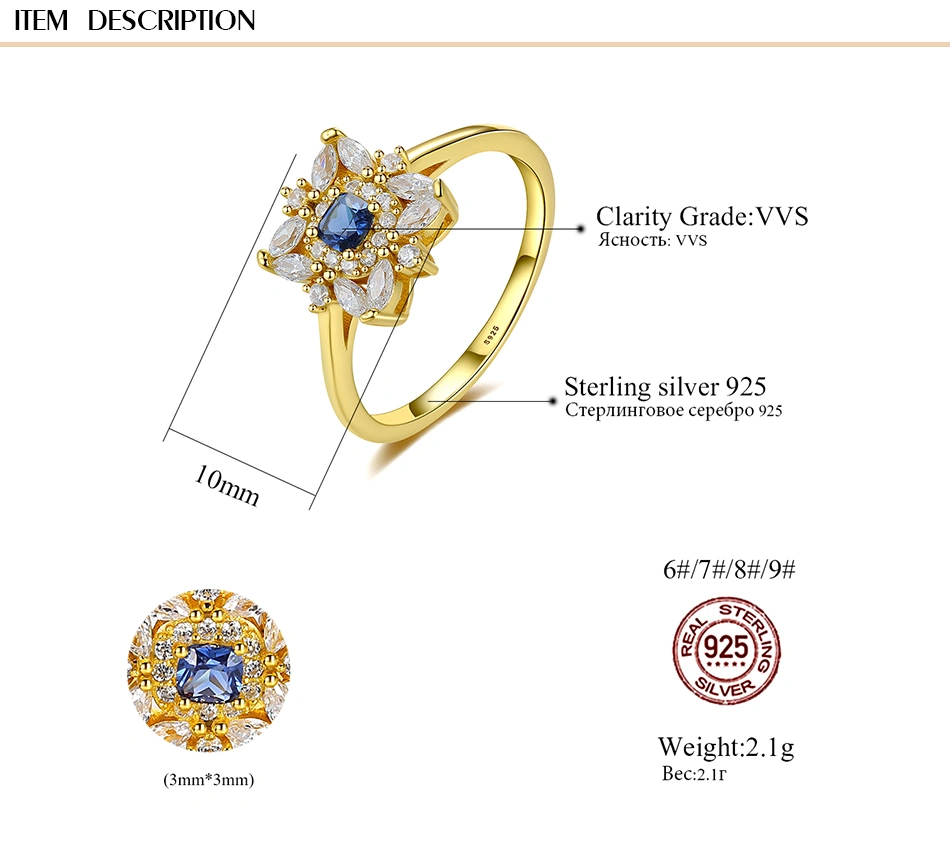 High Quality Shinning Blue CZ Stone Gold Plated S925 Silver Wedding Ring