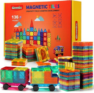 Gemmicc Magnetic Tiles Deluxe 136 PCS: Building Blocks, 3D Puzzles, and Stacking Blocks for Kids, Boys, and Girls