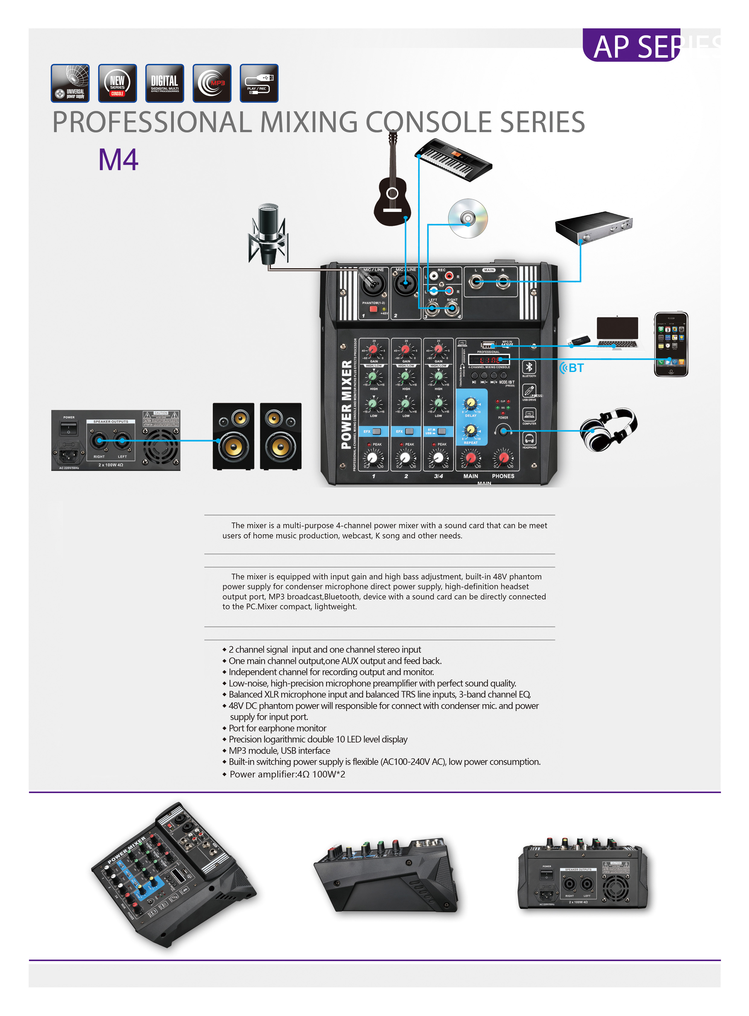 2020 Mini 4 Channel Music Console Power Mixer with USB Blue-t-ooth