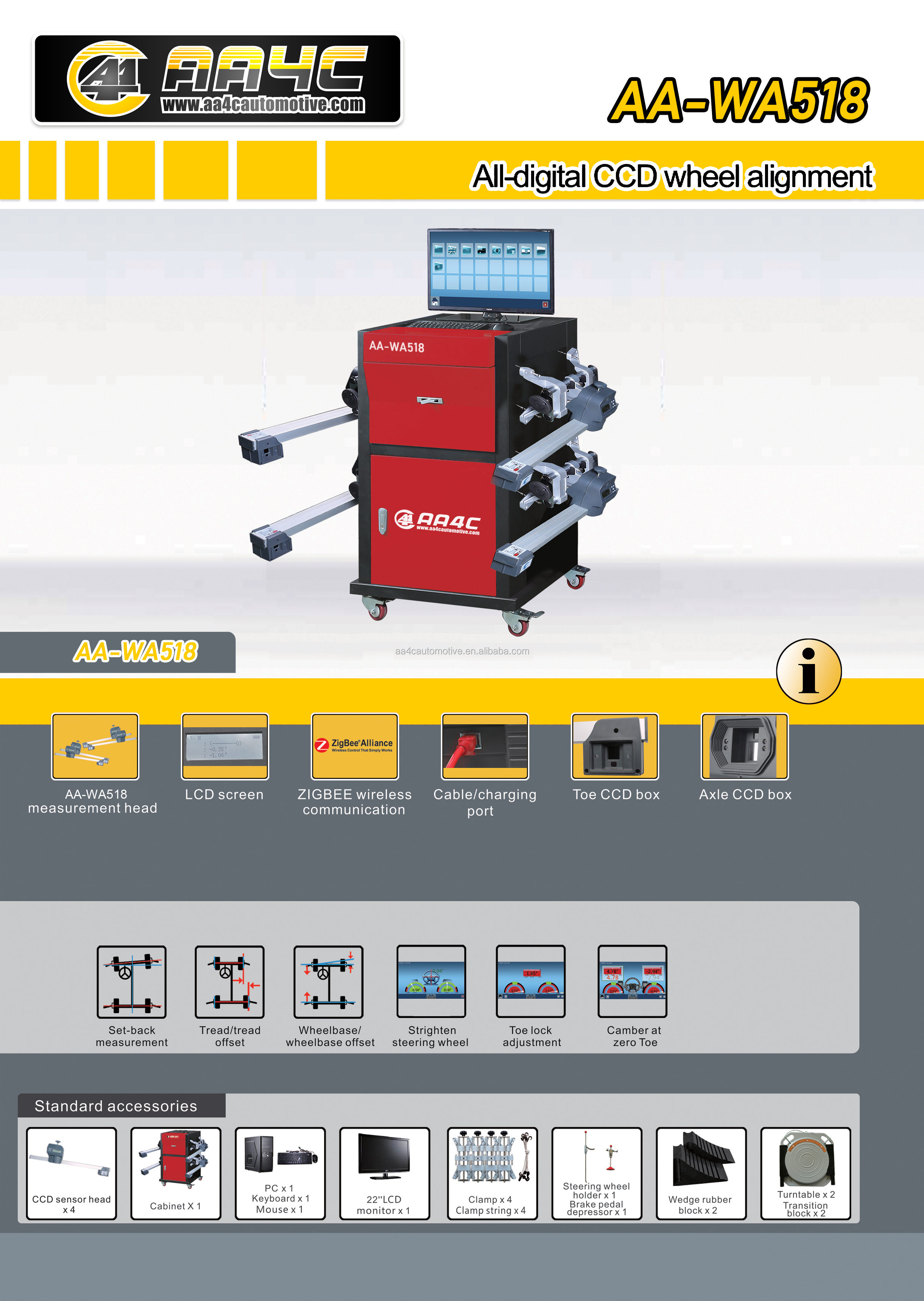 AA4C Zigbee CCD Wheel alignment machine CCD wheel aligner car four wheel alignment AA-WA518