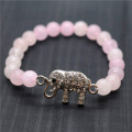 Bracelet de pierres précieuses tendues avec perles rondes de quartz rose 8MM avec pièce d&#39;éléphant de Diamante