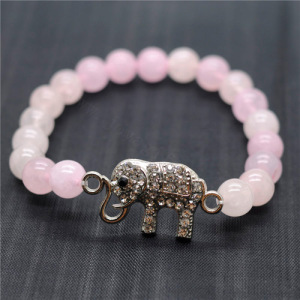 Pulsera de piedras preciosas elástica y cuentas redondas de cuarzo rosa 8 mm con pieza de elefante Diamante