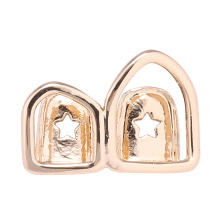 Yellow Gold Plated Tooth Grills: Fashionable Hollow Open Face Double Tooth Caps for Right Canine Teeth