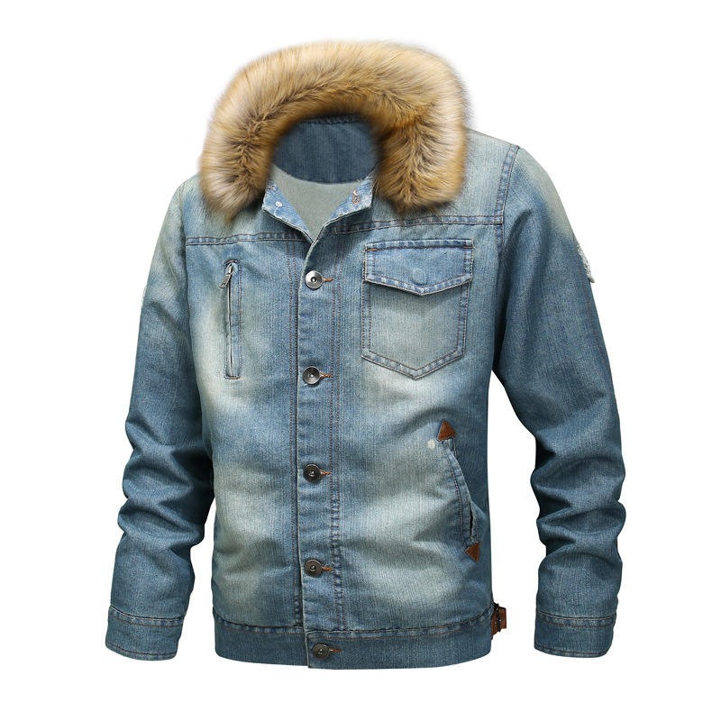 Men's Denim Jacket with Fur Collar for Winter