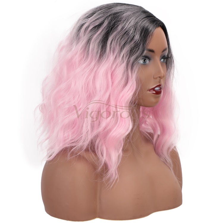 Vigorous 14 Inch Curly Wave Short Bob Wigs Ombre Light Pink Synthetic Cosplay Pastel Wig for Girl Costume Christmas Party