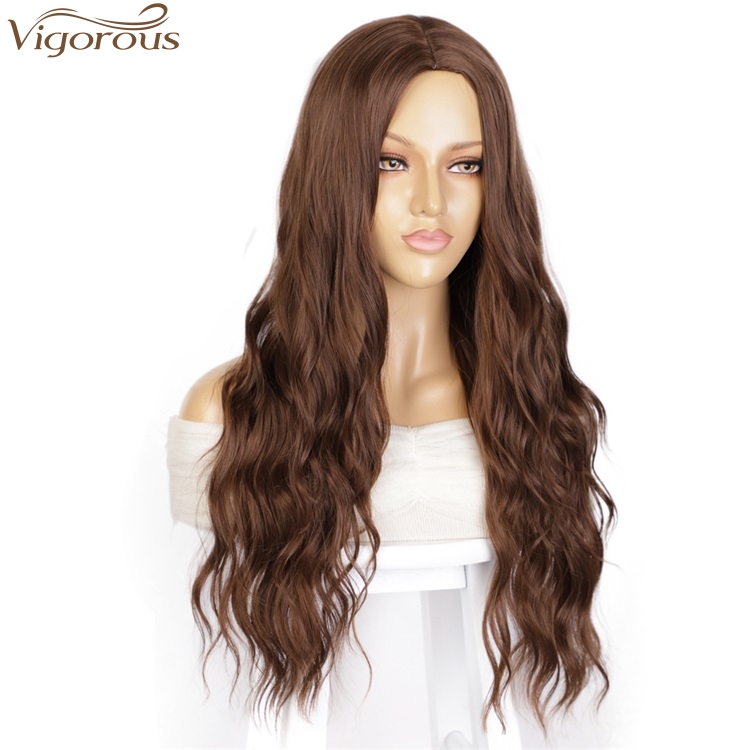 Vigorous Top Quality Fashion For Ladies Long Brown Wavy Wigs Middle Part Synthetic Fiber Wigs For Black Women Wholesales