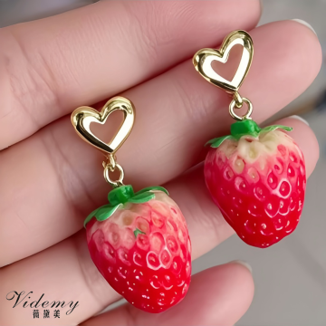Delicate Heart-Shape Strawberry Earring Design