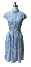 Leaf-print Belted Shirtdress In Blue
