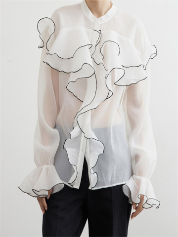 Ruffled Flared Sleeves Semi Transparent Shirt