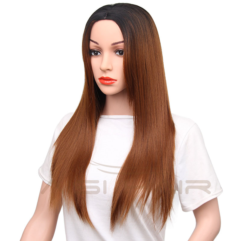 Aisi Hair Long Silky Straight Wave Ombre Brown Dark Root Wig Natural Wave Heat Resistant Synthetic Fiber Wigs For Black Women