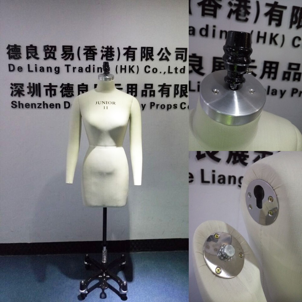 DL234 JUNIOR SIZE 11 Half body Female fitting mannequin with collapsible shoulders and across metal base fabric mannequin