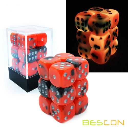 Bescon Two Tone Glowing Dice D6 16mm 12 pcs Set HOT ROCKS, 16mm Enam Sisi Die (12) Blok Glowing Dice