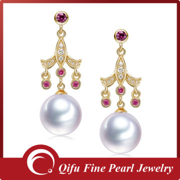 Stylish 18K Pure Gold Earrings Indian Chandelier Pearl Jewelry