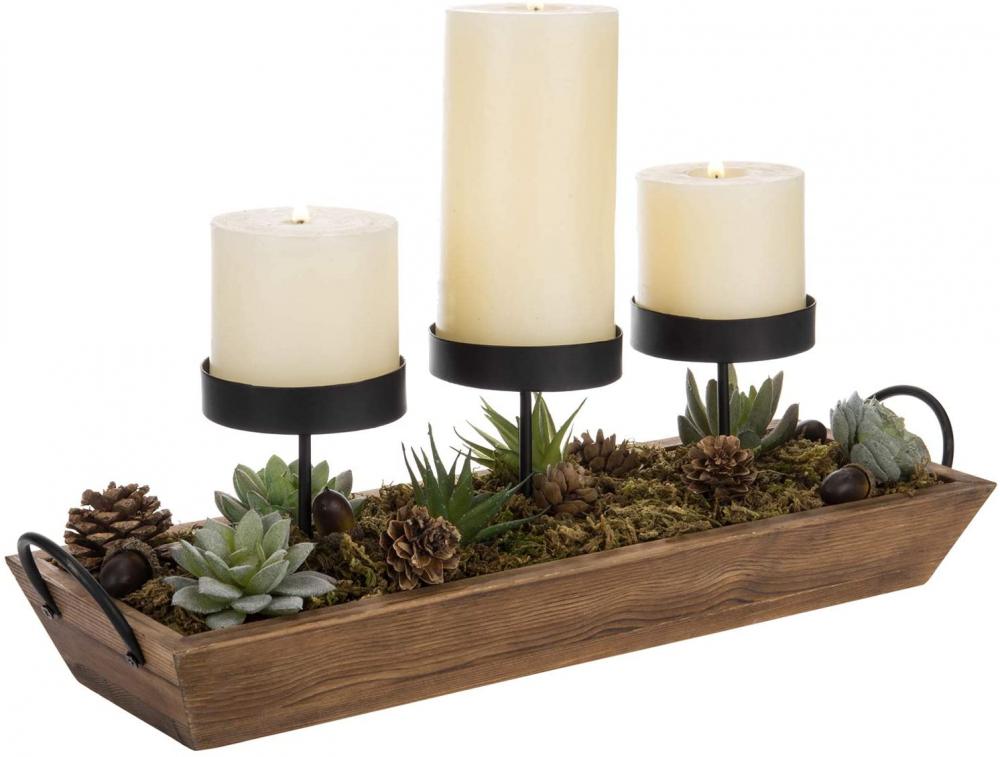 Candle Holder with Rustic Wood Tray and Handles