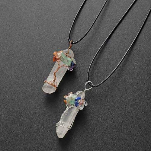 Chakra Gemstone Tree of Life Wire Wrapped Natural Clear Quartz Healing Crystal Point Pendant Necklace Mother's Day Gift