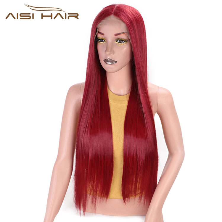 Aisi Hair High Temperature Fiber Synthetic Long Straight Wigs Wine Red Middle Part Lace Front Long Wigs For Black Women