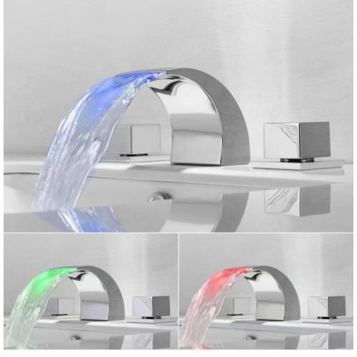 Deck Mounted Double Handle Colorful Led Bathroom Basin Faucet Waterfall Wash Basin Mixer Faucet