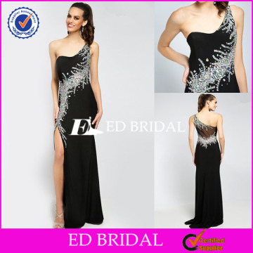 2554 Back One Shoulder See Through Back Sexy Side Slit Shiny Evening Dresses With Beads