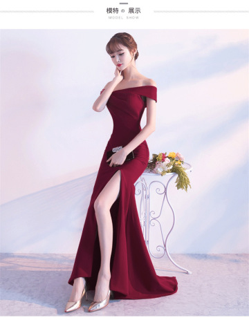 A word shoulder bride toast dress Korean fashion long section of the sexy fish tail dress female red Slim