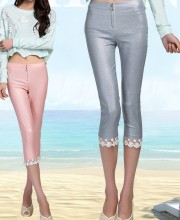 2015 Summer Women New Korean Style Brightly Colored Lace Brim Capris Pants 710