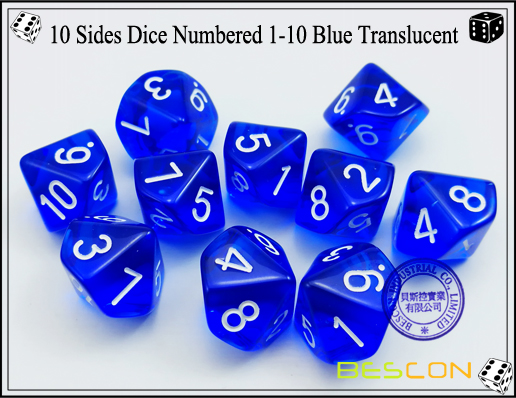 10 Seiten Würfel nummeriert 1-10 Blau Translucent-2 10 Sides Dice Numbered 1-10 Blue Translucent-2