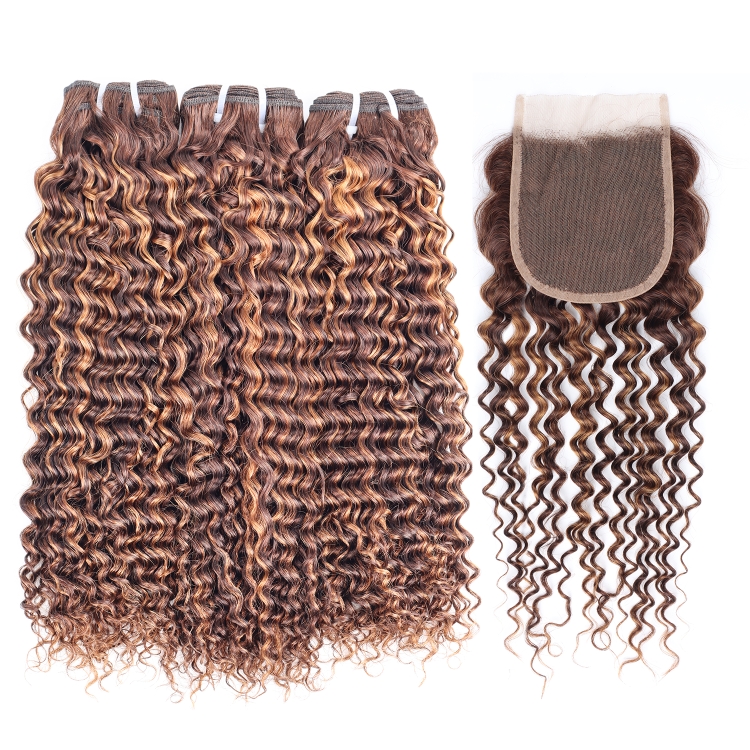 12A Double Drawn #P4/30 Color Brazilian Hair Bundles With Closure Wholesale Cuticle Aligned Raw Human Hair