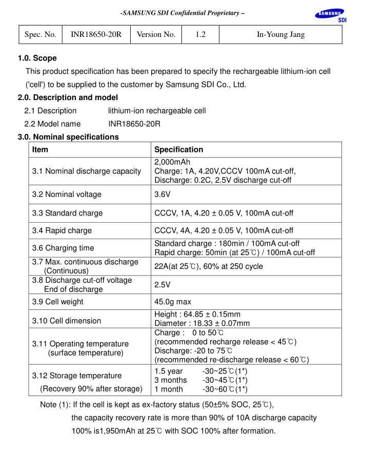 samsung inr18650 20r DATASHEET