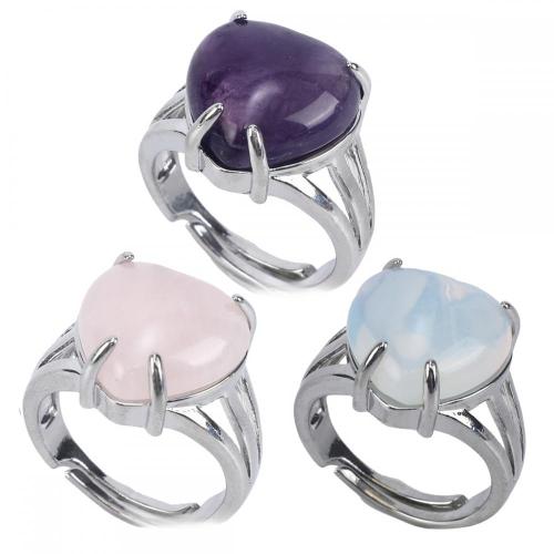 Heart Shape Love Rings Gemstone Heart Ring for Women Girl Natural Stone Crystal Wedding Rings Adjustable Ring Charm Jewelry