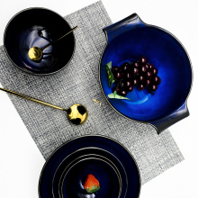 cheap factory restaurant beautiful blue ceramic noodle bowl footed bowl porcelain bowl set