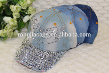 0918033 Fashion Rhinestone Crystal Denim Baseball Hat Peaked Cap