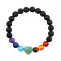 Gemstone 7 Chakra Healing Reiki Stretch Bracelet Black Lava Stone With Crystal Heart Charm Elastic Bracelets for Men Women