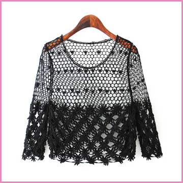 Casual hollow out blouse with long sleeves crochet flower