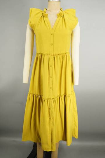 Custom Graceful Skirts Button Yellow One piece Dress