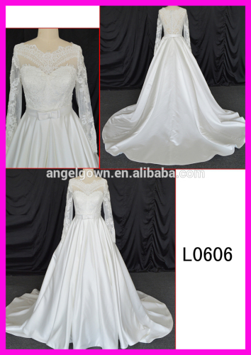 long sleeve wedding dress with bowknot decoration long tail wedding dresses with button down in back