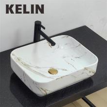 Modern White Rectangular Ceramic Lavatory Sink with Golden Marble Pattern