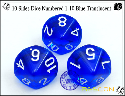 10 Seiten Würfel nummeriert 1-10 Blau Translucent-1 10 Sides Dice Numbered 1-10 Blue Translucent-1