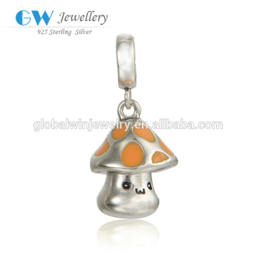 925 Silver Jewelry Lovely Mushroom With Orange Enamel Beads Fit European Bracelets