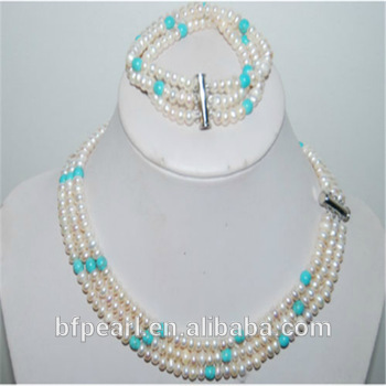 Button Freshwater Pearl and Turquoise Necklace with Pearl Bracelet Set