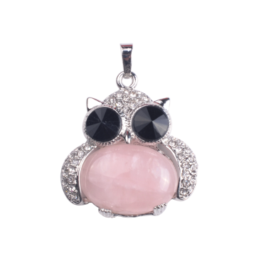 Sincere Silver Jewelry Rose Quartz Stone Owl Alloy Pendant Necklace for Women Accessories
