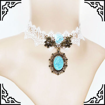 MYLOVE 2013 Victorian Necklace bride jewelry necklace white lace necklace with blue crystal MLGY018