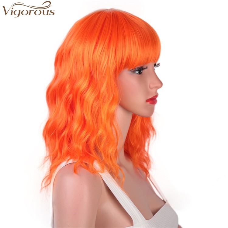 Vigorous Good Quality 14 Inches Female Short Wavy Synthetic Bob Wigs With Bangs Synthetic Heat Resistant Fiber Cosplay Wig