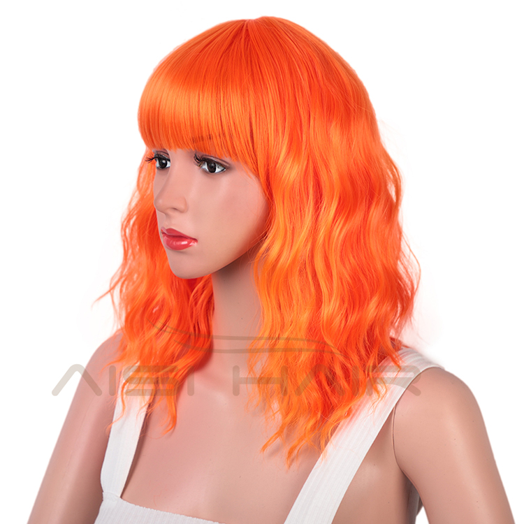 Aisi Hair Wholesale Top Quality Orange Short Bob Wig With Neat Bangs Synthetic Short Curly Wave Wigs For Black Women