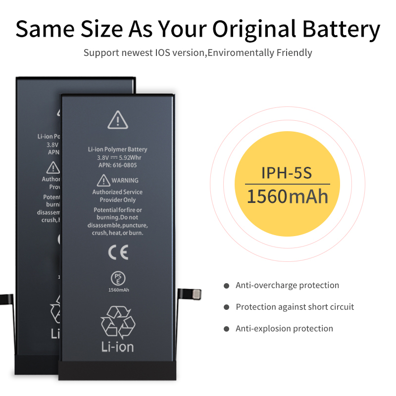 ROOMOO aaa grade durable compatilbe battery 1560mAh li-polymer lithium battery for iphone 5S