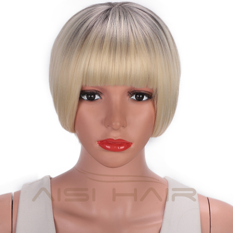 Aisi Hair Short Bob Wigs Heat Resistant Synthetic Fiber Ombre Blonde Straight Short Bob Wigs with Neat Bangs for Women