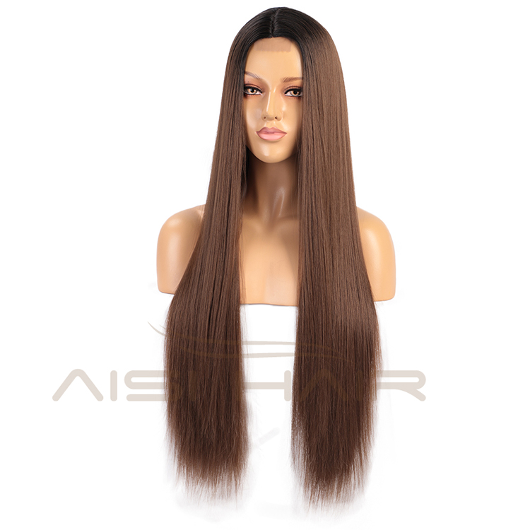 Aisi Hair Cheap High Quality Long Silky Straight Ombre Brown Dark Root Lace Wig Synthetic Hair Lace Front Wigs For Black Women