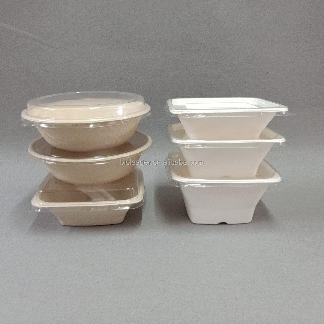 Biodegradable Disposable Cane Peel Food Bowl With Lid Sugarcane Bagasse Noodle Bowl