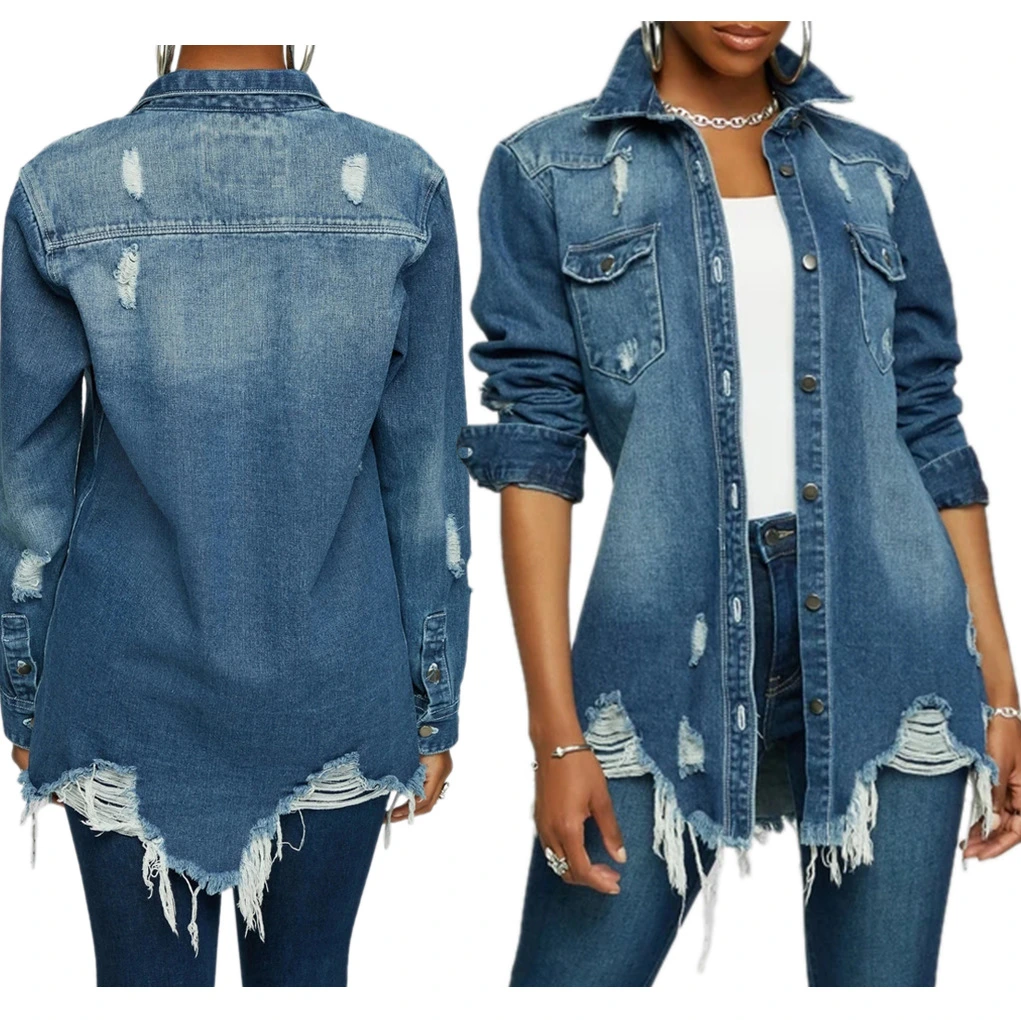 Women Fashion Blue Denim Coats Fall Cropped Jean Jackets for Ladies